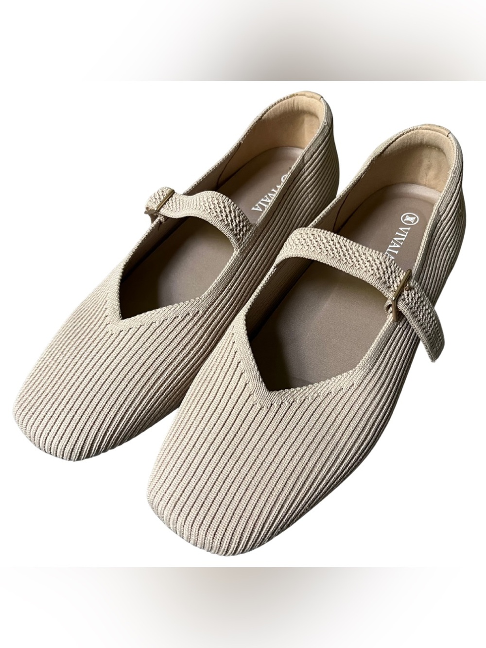VIVAIA Women's Beige Knit Mary Jane Flat with Strap